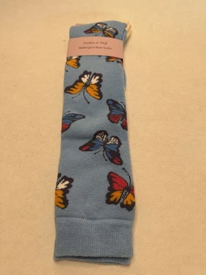 Blue Welly Socks With Butterfly Print, Cream Toe And Heel Size 4-8 New - Image 1 of 4