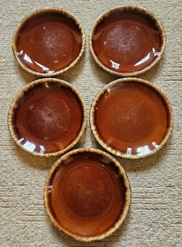 Hull Pottery Oven Proof 10 1/2" Dinner Plates Brown Drip Set of 5 Vintage