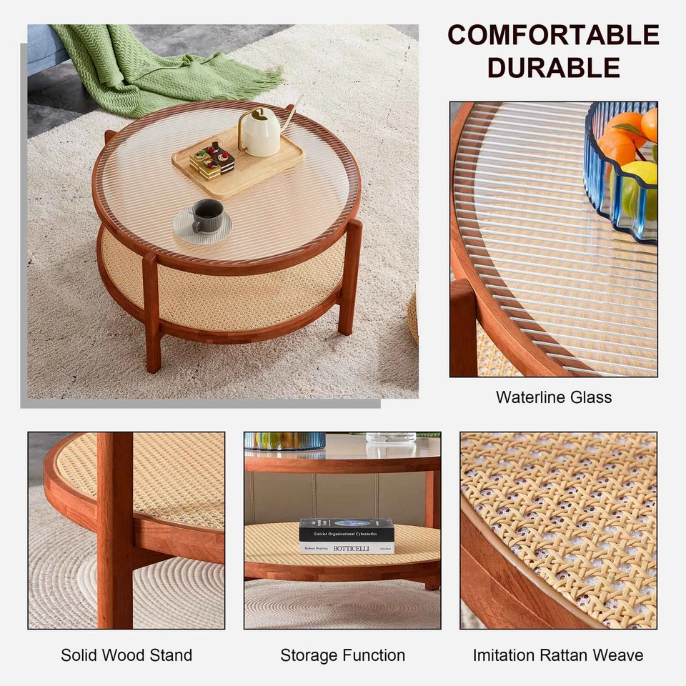 34.6'' Modern Rattan Coffee Table Round Glass Top End&Side Table Double-Layer - Image 4 of 4
