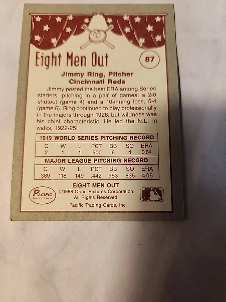 1988 Pacific Eight Men Out - Jimmy Ring #87 (RC) - Image 2 of 2