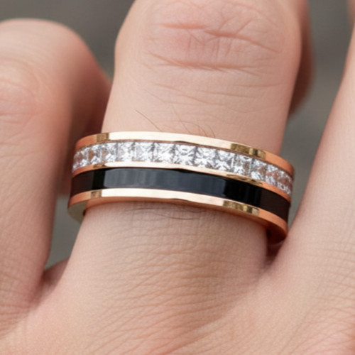 7mm Rose Gold & Black Titanium Spinner Ring – Princess CZ Fidget Wedding Band
