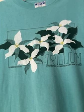 Vintage Trillium T Shirt Michigan Wildflower Aqua Blue Size. Large Made In USA