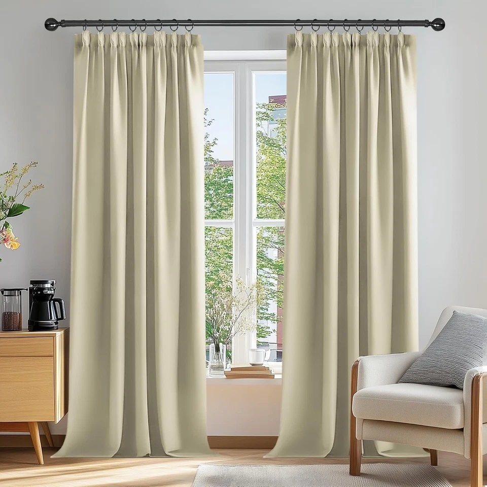 Extra Long Beige Pencil Pleat Curtains - Room Darkening Drapes for Better Sleep - Image 3 of 4