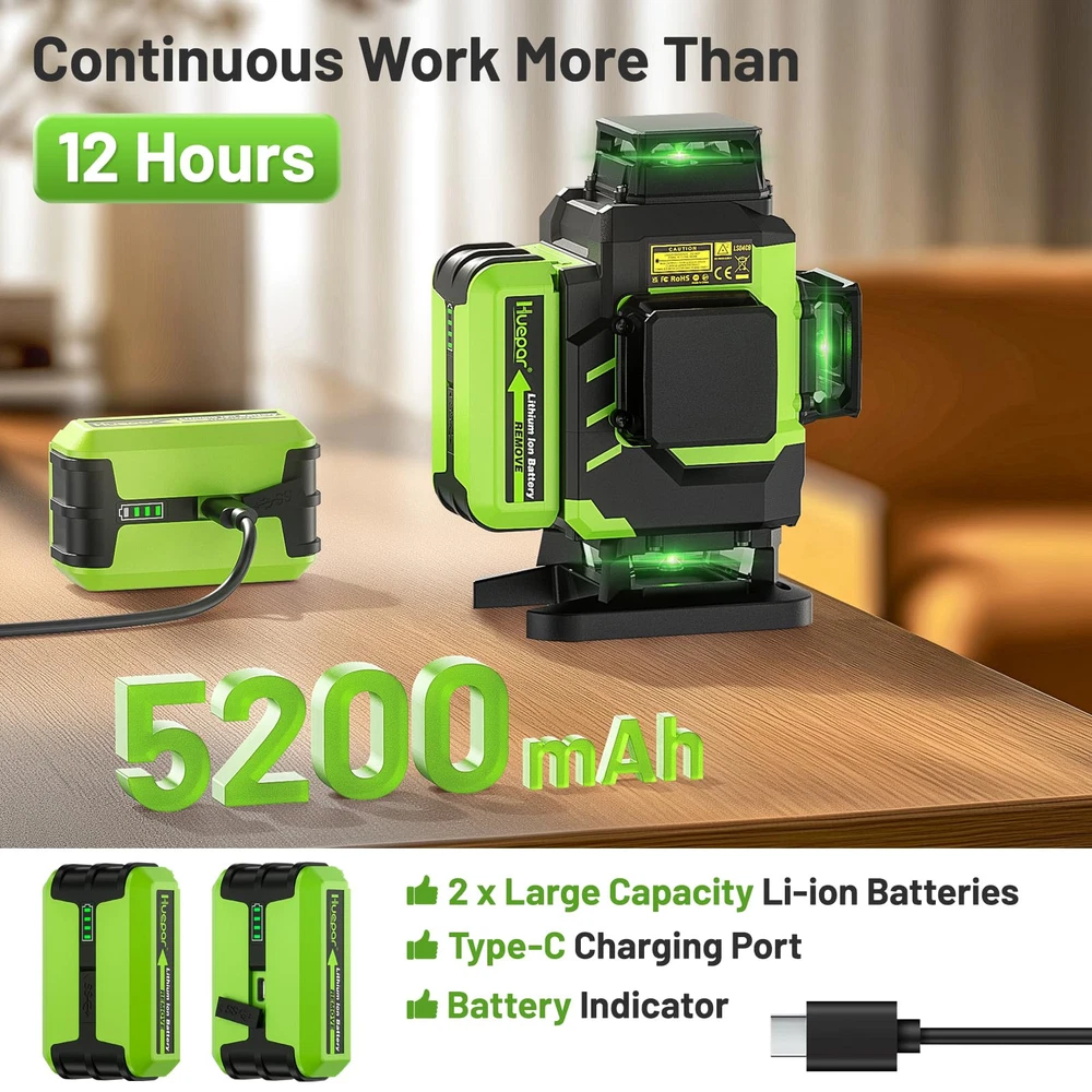 Laser Level, Self-leveling 16 Lines Green Beam 4D Cross Line Tiling Floor Las...