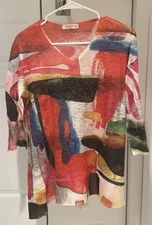 Jess & Jane Sz Petite M-PM Artsy Abstract V-Neck Tunic W/Chiffon Layer Hemline