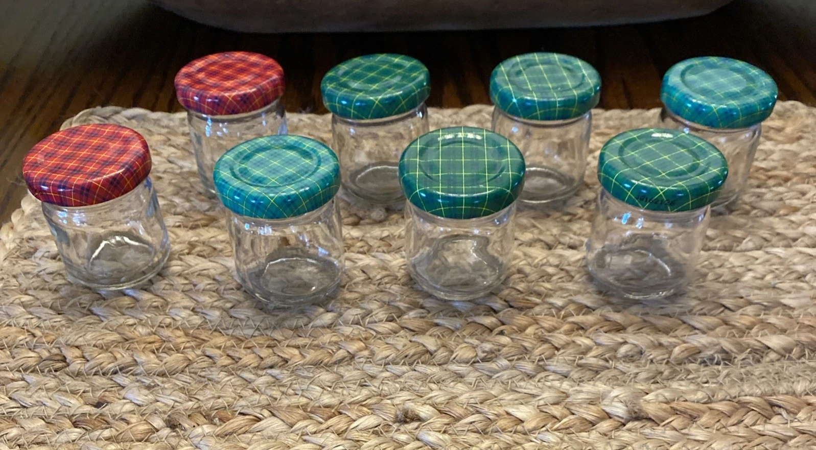 Lot Of 8 Vtg Scotland Bagpipes Plaid mini glass jars jam jelly 1.5oz