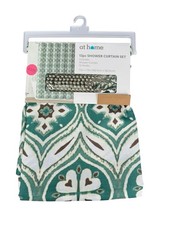 At Home 13pc Shower Curtain Set Teal Green Medallion Pattern w/ Hooks 72x72 New