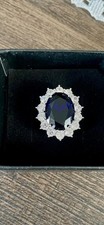 Large Princess Diana Style Sapphire Blue& CZ Cluster Cocktail Ring Silver Tone M