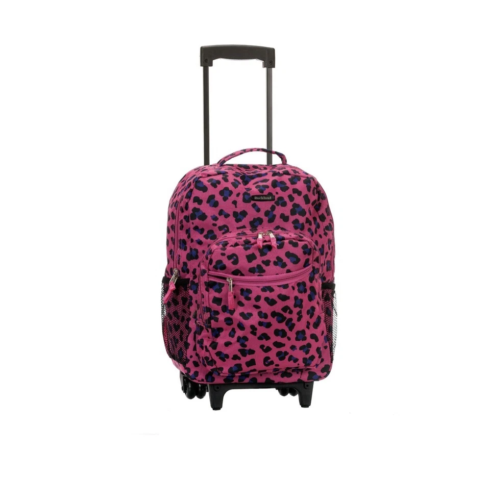 Rockland Double Handle Rolling Backpack, Magenta Leopard 17"x13"x10" MSRP $80 - Image 2 of 3