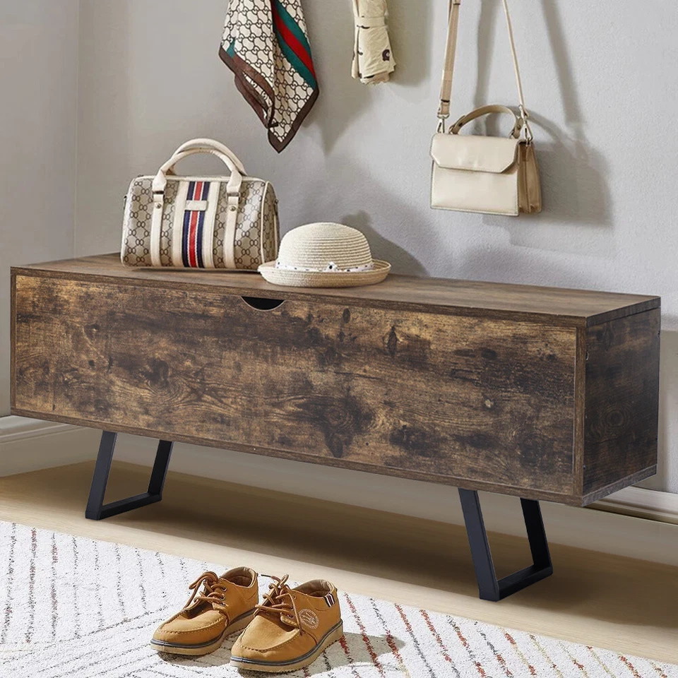 Rustic Wooden Shoe Bench Storage Ottoman Chest Box Trunk Cabinets Home Organiser - Image 2 of 4