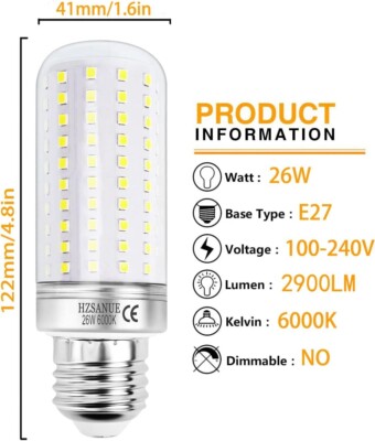 3 pcs - 26W - HZSANUE LED Bulbs, 6000K Cool White