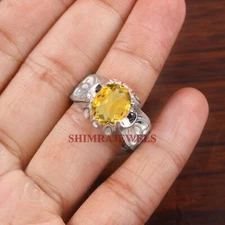 Natural Citrine Gemstone With 14K White Gold Plated Silver Ring for Men's #1218
