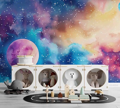 3D Planet Star Space Watercolor Self-adhesive Removable Wallpaper Murals 32