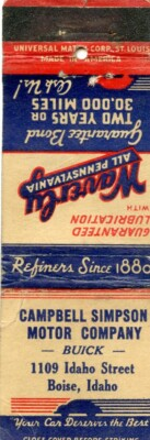 #ad #ad Campbell Simpson Motor Company Buick Boise Idaho Matchbook $3.99