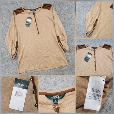 Ralph Lauren LRL Womens L Large Suede Patches Roll Tab Sleeve Henley Shirt NWT