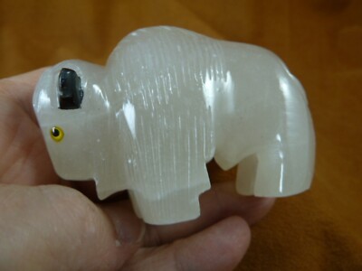 (Y-BUF-481) 2-3/4'' White Alabaster + onyx BUFFALO bison gemstone figurine stone