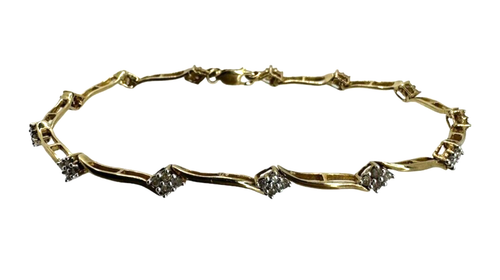 Solid 10K Yellow Gold Diamond Station Tennis Bracelet 7 inch
