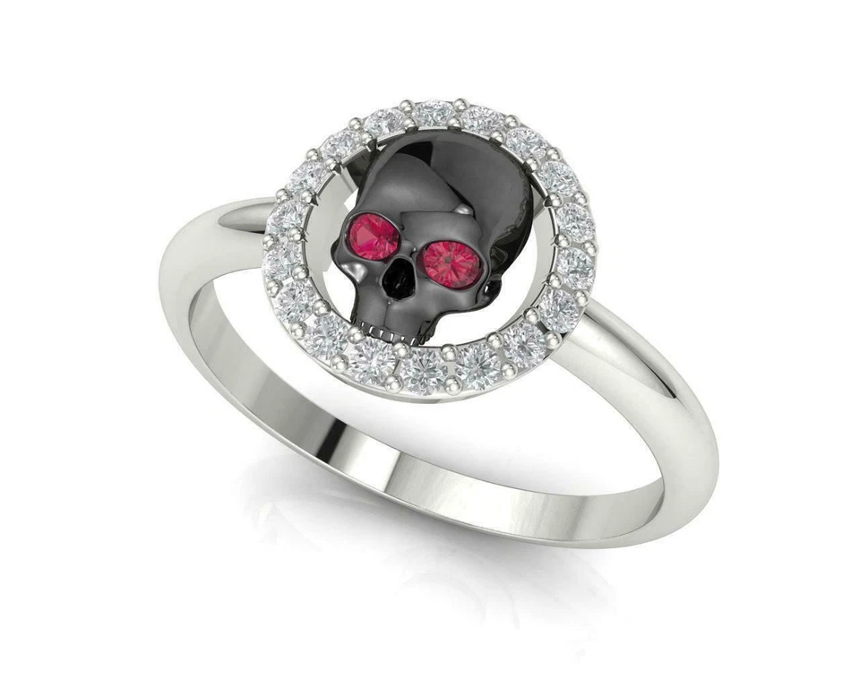 Anillo para mujer 935 plata 0,80 TCW simulado corte redondo zafiro y rubí diseño calavera Foto 2 de 4