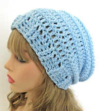SLOUCHY BOHO BEANIE HAT LIGHT BLUE TEXTURED EDGE ACRYLIC HANDMADE CROCHET