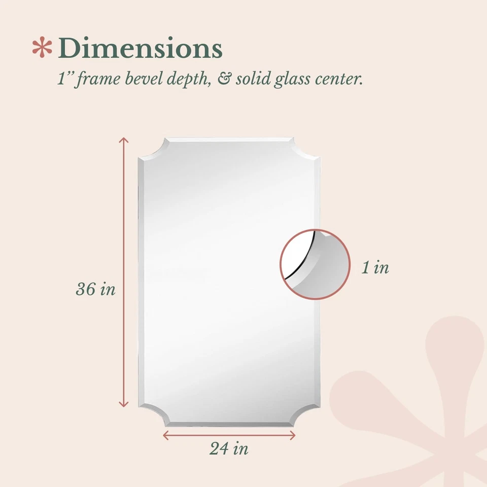 Espejo rectangular festoneado sin marco de 24x36 pulgadas | Curva de borde biselado de 1 pulgada... Foto 3 de 4