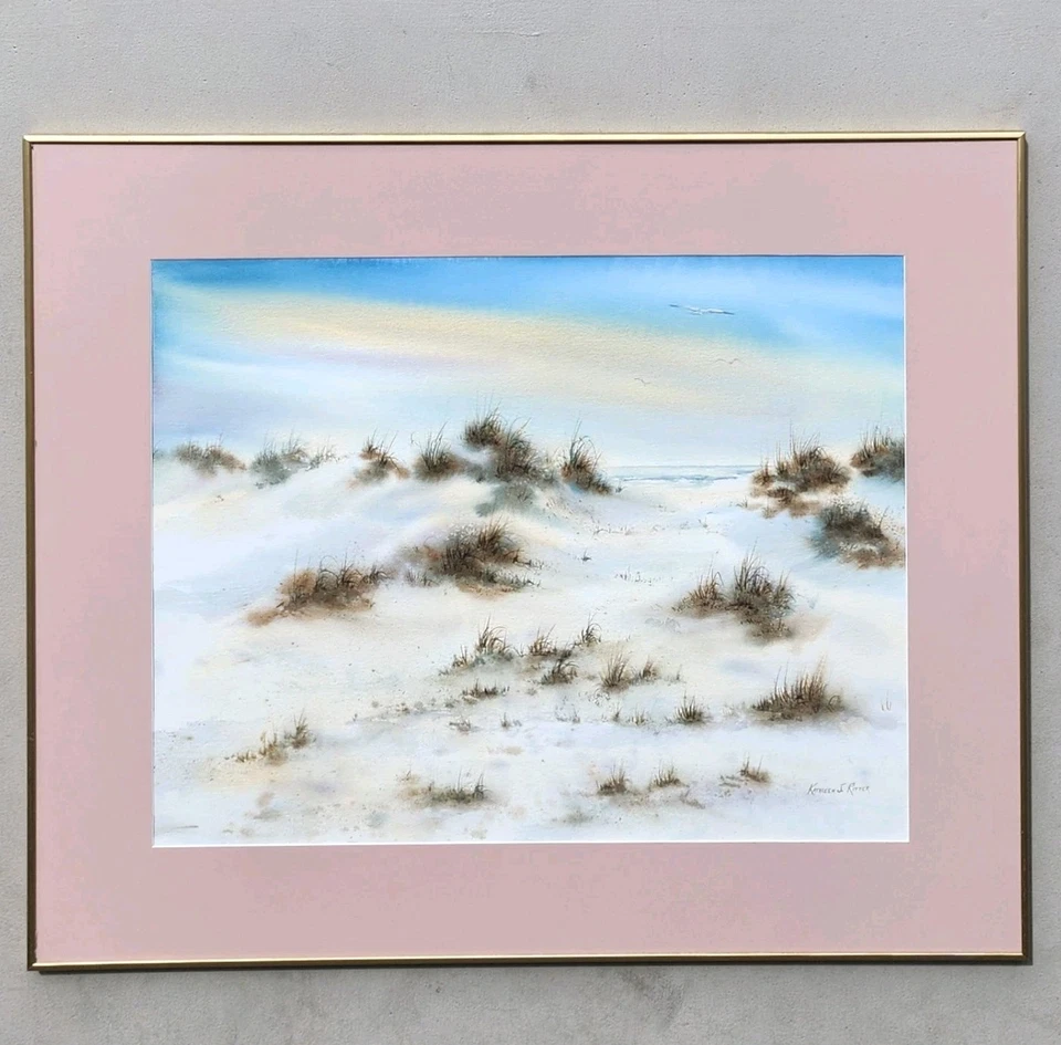 Arte enmarcado Kathleen Ritter original acuarela paisaje marino costero playa arena dunas Foto 4 de 4