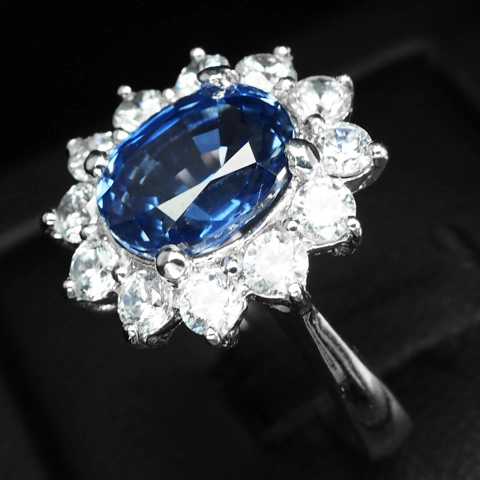 Роскошные кольца из белого золота 925 пробы с ярким синим сапфиром 4,20 карата размер 7 - Изображение 4 из 4
