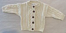 Vtg IRISH Newborn Baby Cable Knit Fisherman Sweater Off White Leather Buttons