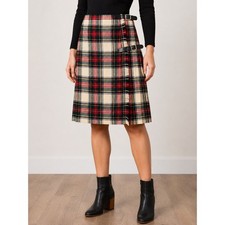 Vintage Scottish Women's Wool Tartan Kilt Wrap Skirt Plaid Buckle Fringe Size 16
