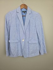 Ann Taylor Blazer Petite Size 4 Blue Linen Cotton Blend One Button Pockets
