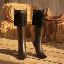 New Women Black Boots Topper Faux Suede Leather Fringes Winter Flower Charm Pair