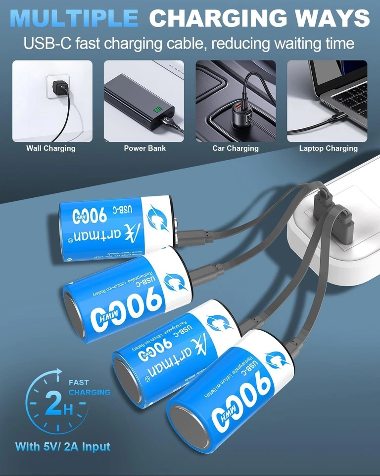Rechargeable Lithium C Batteries 4 Pack 1.5V Cell 2 in 1 USB-C Charging - Image 2 of 4
