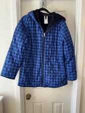 SUSAN GRAVE Reversible Quilted Woven &amp; Plush Fleece Jacket NAVY HOUNDSTOOTH sz M