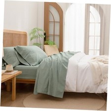 Sheet Set 100 Washed Cotton Linen Feel Super Soft Comfortable Chic King Green