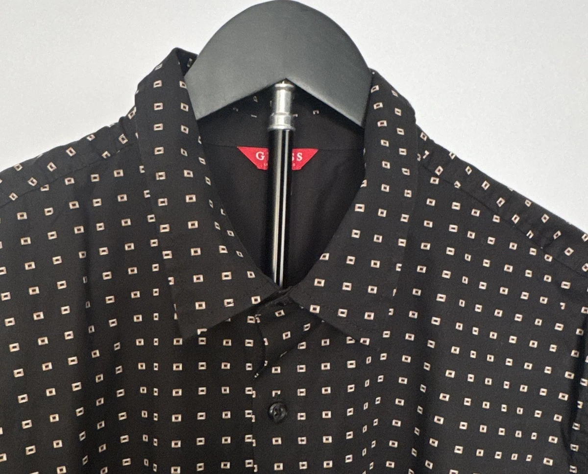 Camisa GUESS Para Hombre Negra Tejida Geométrica Manga Larga Cuello Punta XL