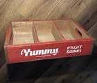 Vintage Wood Yummy Fruit Drinks Wooden Crate w/Metal Banding 18” X 12” X 4”
