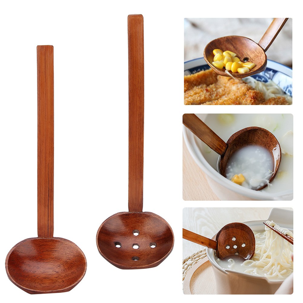 Long Handle Wood Spoon Tableware Set Noodles Soup Spoon With Slotted Spoon BAJ