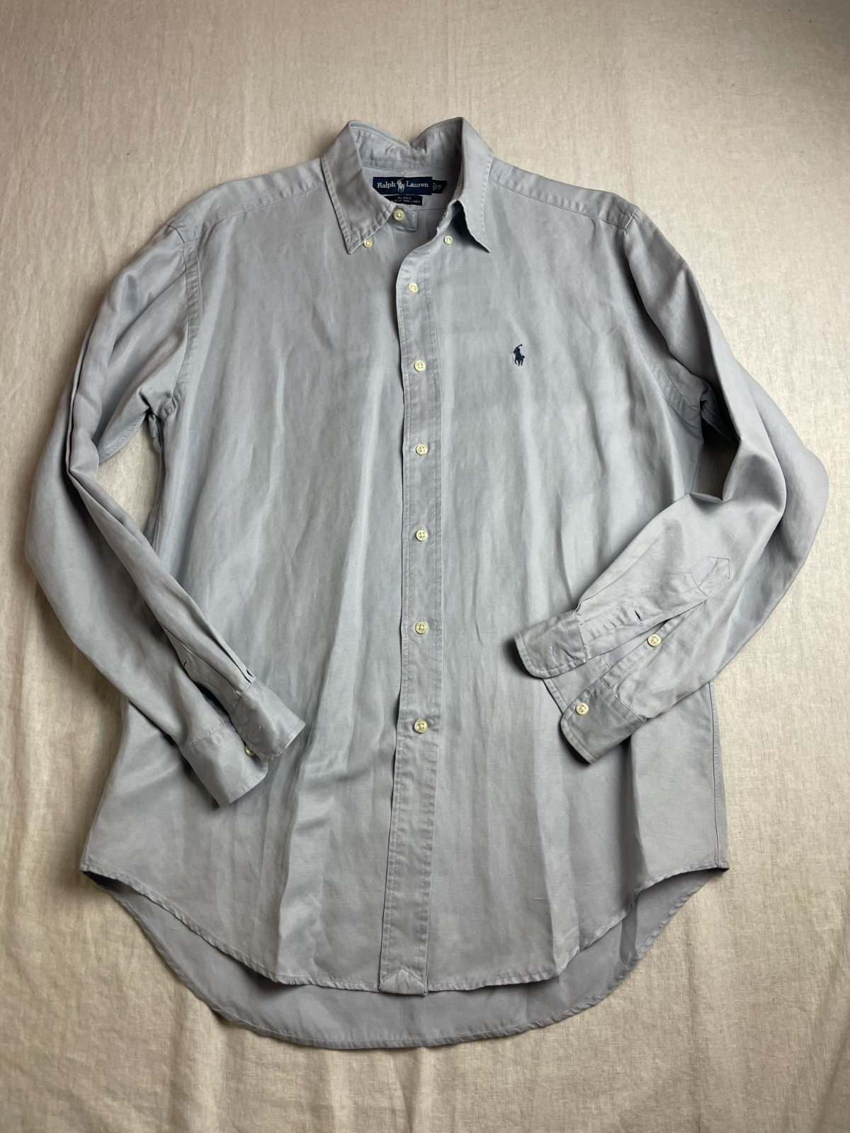 Vintage 90s Ralph Lauren Blake Gray Mens S Silk Linen Preppy Button Down Shirt