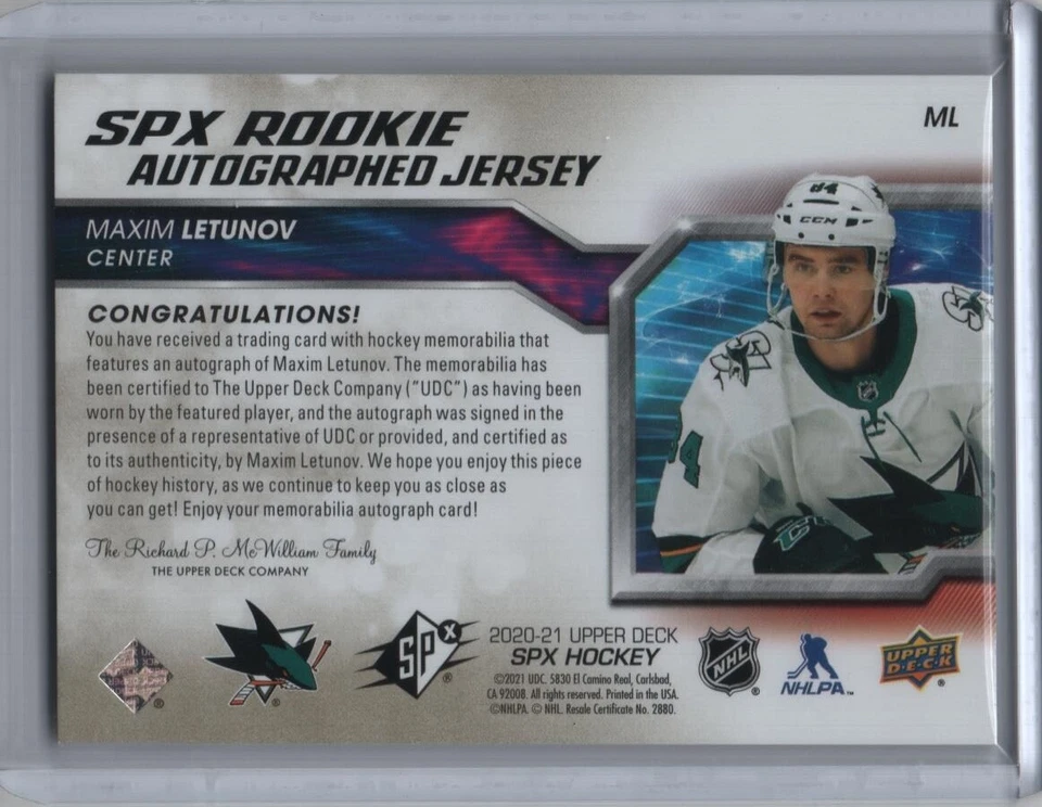 2020-21 SPx Rookie Jersey Autograph Gold Spectrum #ML Maxim Letunov RC 11/49 - Image 2 of 2