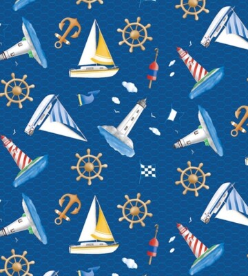 ''Sail Away'' Nautical Toss, Sailing Fabric! 1yd BTY Blue Fast Ship! LooK!