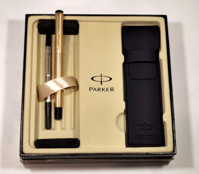 24K.Ver.  PARKER  Rollerball Vector + Gravur + Leder Etui Gold Tintenschreiber