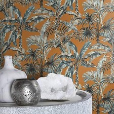 Rasch Tropical Banana Palm Leaves Wallpaper Jungle Leaf Vinyl Blue Brown 485264