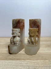 Vintage Marble Quartz Stone Hand Carved Bookends Aztec Mayan Tribal Tiki Man