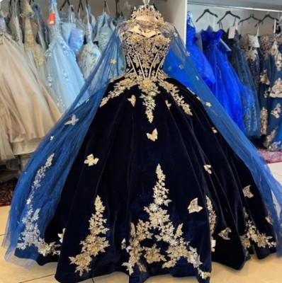 Navy Blue Quinceanera Dress Gold Butterfly Applique with Cape Ball