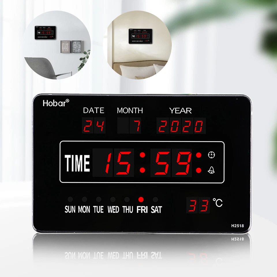 Digital Clock LED Digital with Wall Clock Date Calendar Temperature Display Black 220V - Image 2 of 4