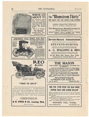 1907 Auto Ads on 1 Pg: Blomstrom, REO, Reliable Dayton, Mason, Stevens Duryea