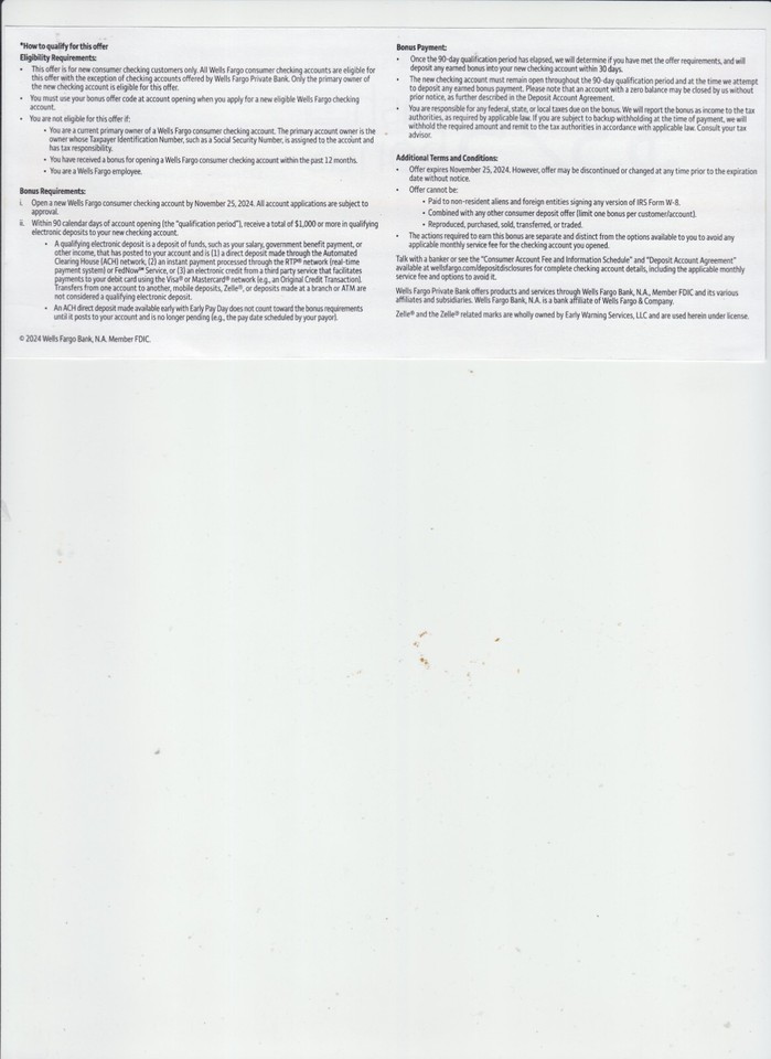 325 WELLS FARGO Bonus Offer for New Checking Account Coupon Exp 11/25