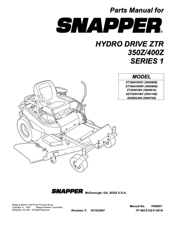 Parts Manual for Snapper Hydro Drive ZTR Riding Mower 350Z 400Z Series 1