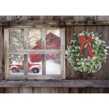 LPG Greetings Red Truck Outside Window Box of 12 Die Cut Farm Christmas Cards