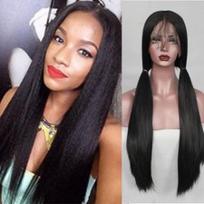Light Yaki Long Black Glueless Lace Wig Yaki Straight Synthetic Lace Front Wigs