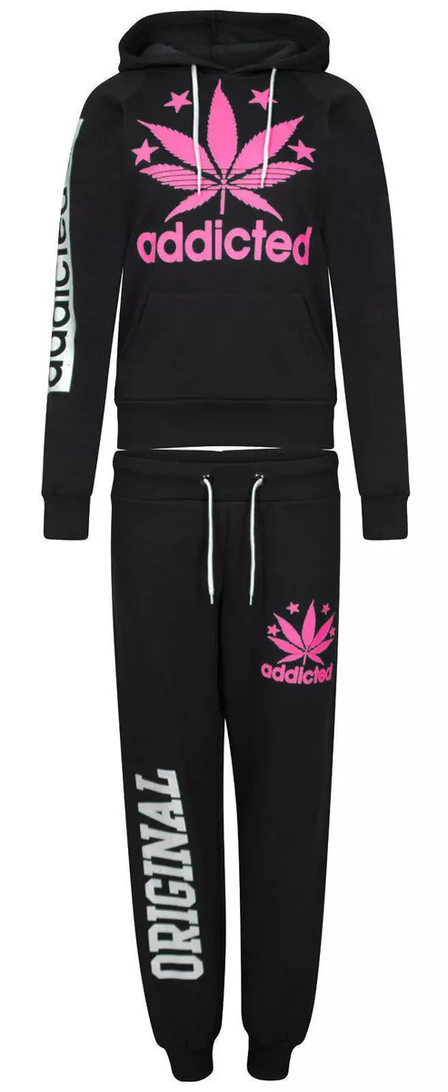 New Womens Ladies Addicted Print Jogging Bottoms Hooded Sweatshirt Track Suit